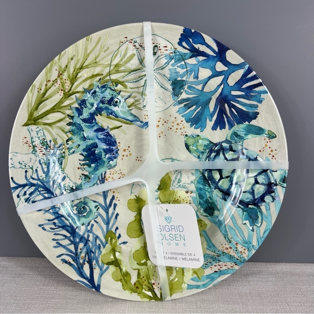 Sigrid Olsen Melamine Dinner Plates Sea Life Coastal Blue Green 11" Set 4 NEW